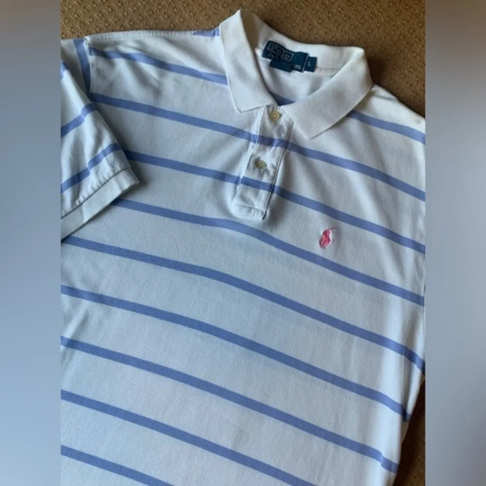 Men's Polo Ralph Lauren Large White Blue Striped  100% Cotton Short Sleeve Golf‎